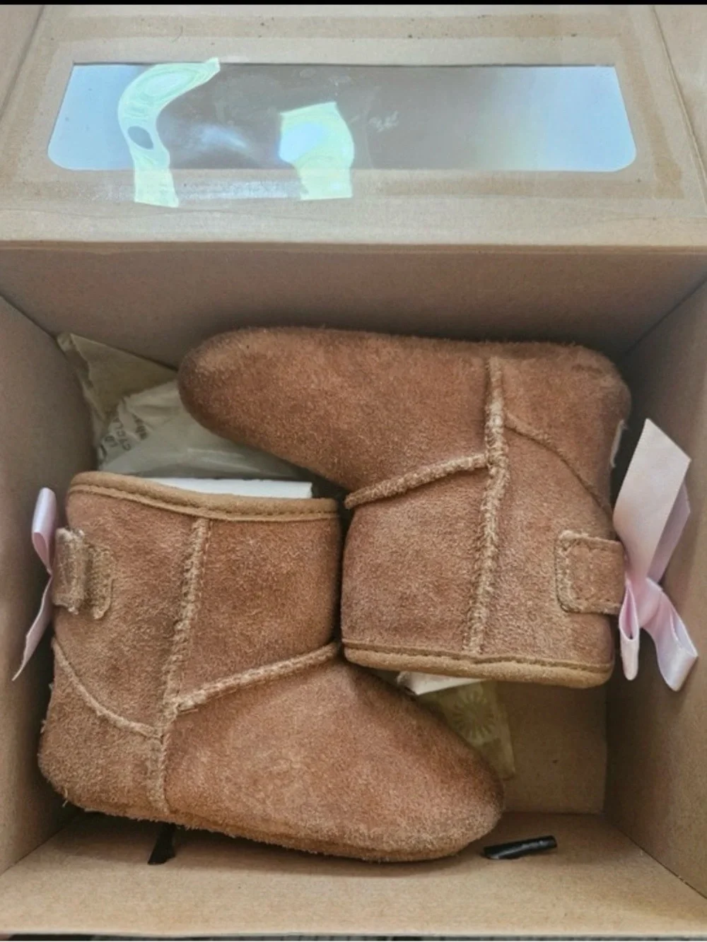 UGG Chestnut Suede Baby Booties with Pink Bow